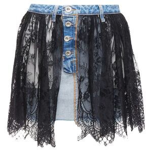 Unravel Project Floral Lace Ruffle Denim Inside Out Skirt